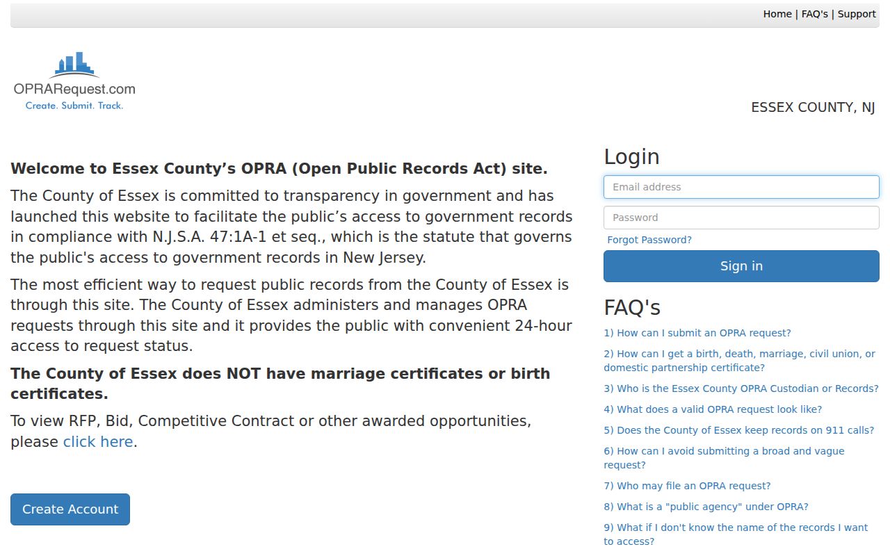 Newark residents directory Essex County OPRA online request intake