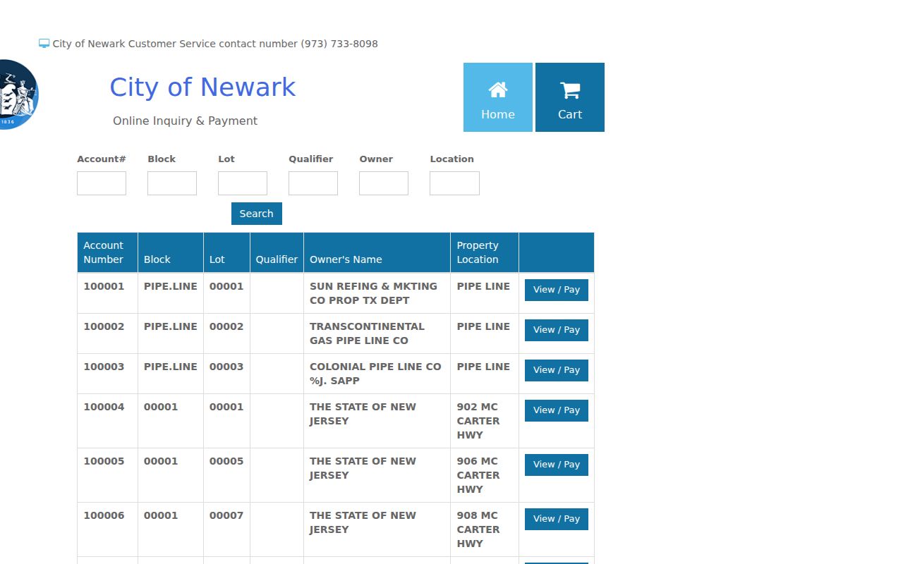 Newark residents directory property search fields in the Newark tax portal