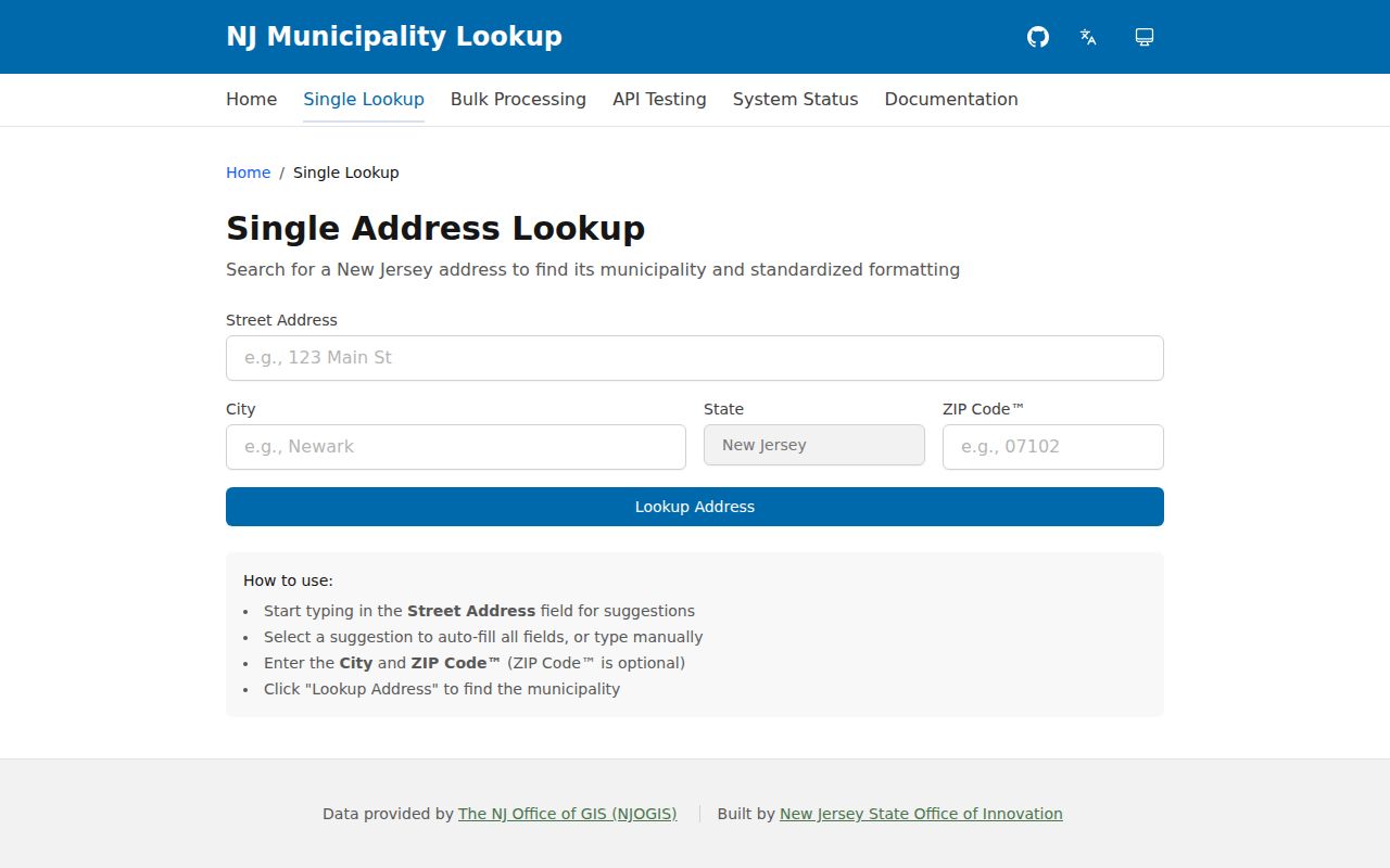 Newark ZIP code address check in the New Jersey Municipality Lookup